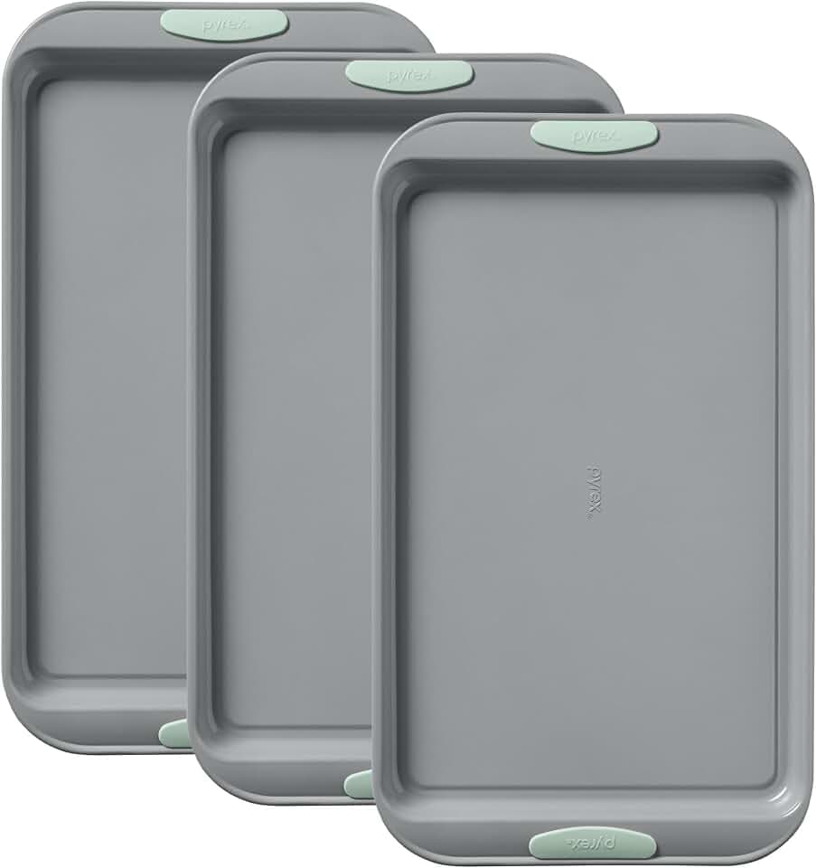 Pyrex 3-Piece Metal Cookie Sheet Bakeware Set with Heatsafe Handles, Sage