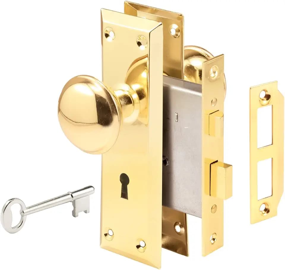 Prime-Line E 2293 Mortise Keyed Lock Set with Polished Brass Knob Perfect for Replacing Broken Antique Lock Sets, Fits 1-3/8 In.-1-3/4 In. Interior Doors, Single Pack