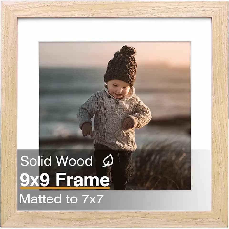 KINLINK 9x9 Picture Frame, Natural Wood Square Solid Wood Frames for Pictures 7x7 with Mat or 9x9 without Mat, Wall and Tabletop Display Photo Frames Natural Wood 1 Pack