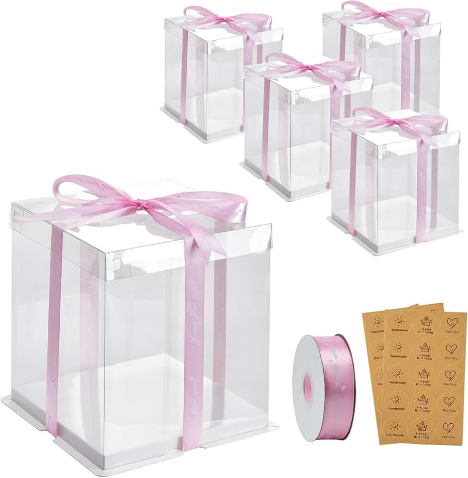 BURLIHOME 8x8x10 Clear Cake Boxes,Square Cake Carrier with Ribbon,5 Pack