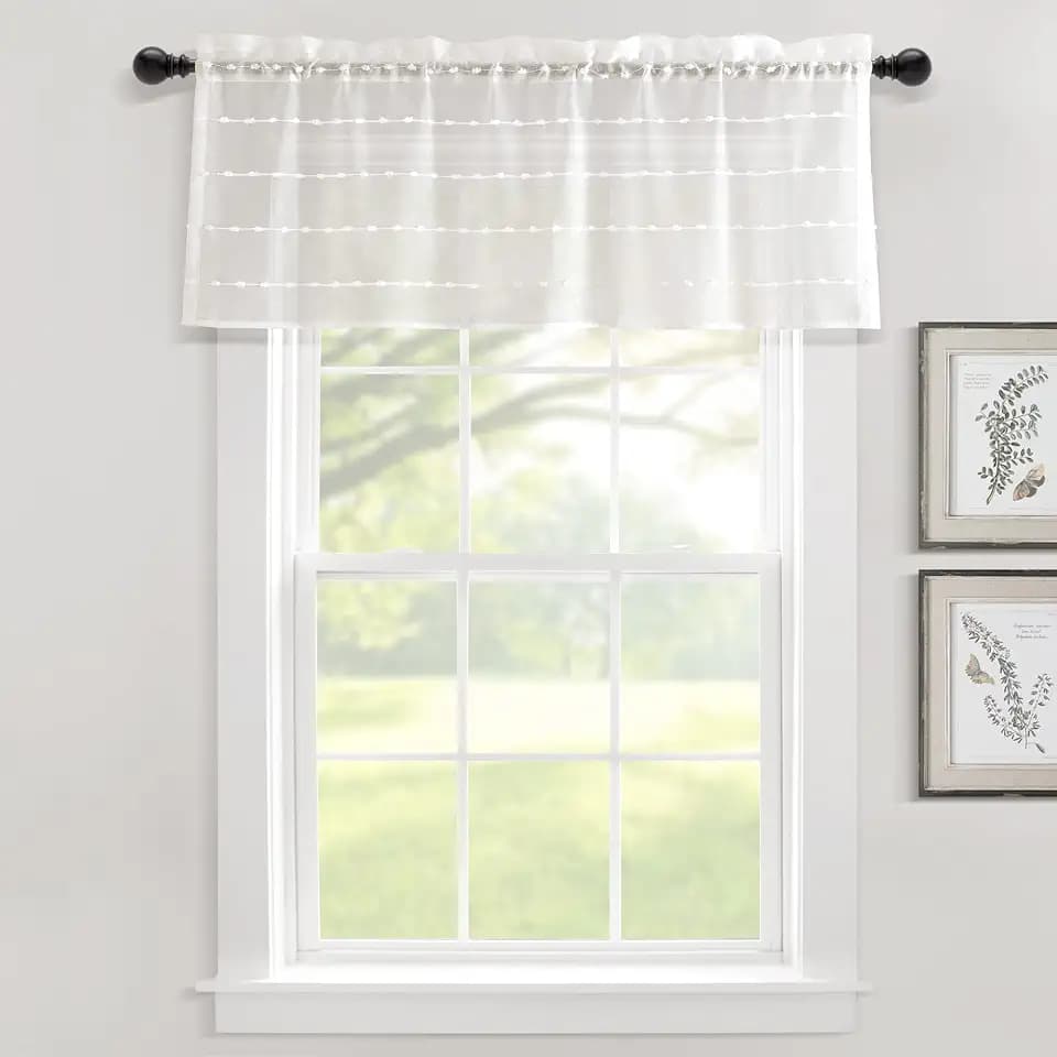 Lush Decor Farmhouse Textured Sheer Window Curtain Valance, 52"W x18"L, White