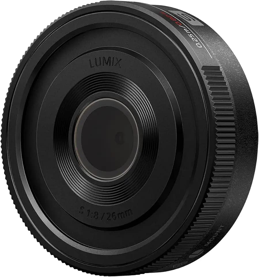 Panasonic Lumix S-R26E 26 mm F8 L-Mount-Objektiv, Vollformat-Weitwinkel-Kameraobjektiv, Feste Brennweite, manueller Fokus, mechanischer Fokusring, 58 g, Schwarz