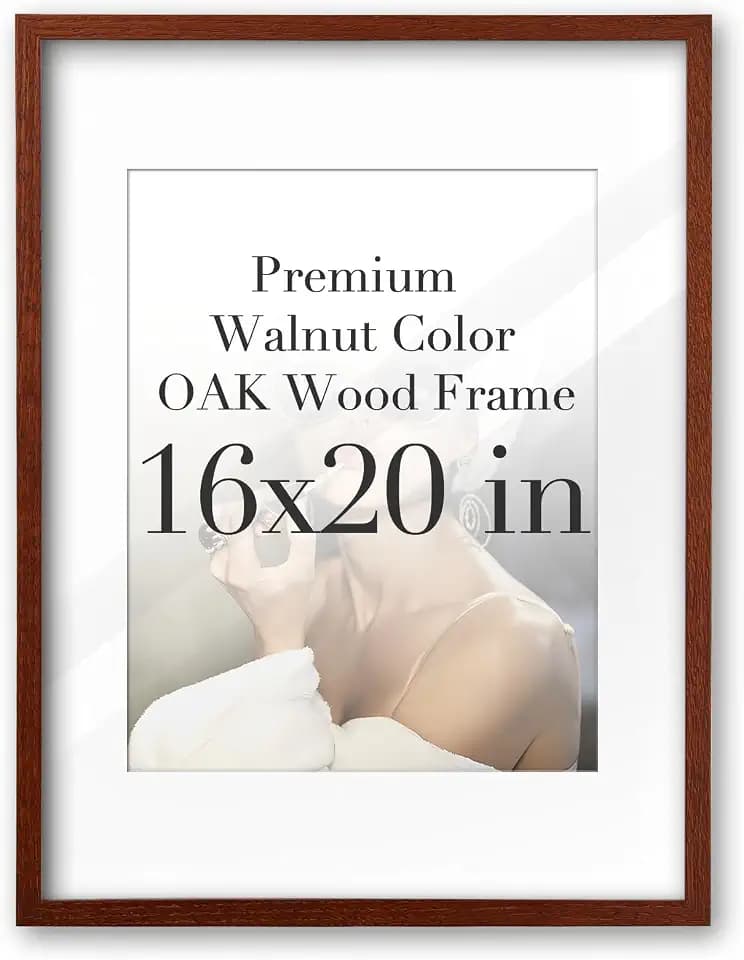 iHery 16x20in Walnut Color OAK Wood Picture Frame with Mat Narrow Border