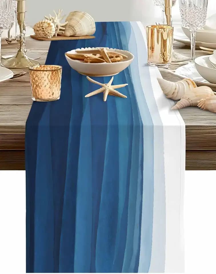 Blue White Table Runner, Non-Slip Dining Table Runners for Kitchen, Ombre Ocean Wave Coffee Table Runners Dresser Scarf for Living Room Garden Wedding Parties (13x90 inches Long)