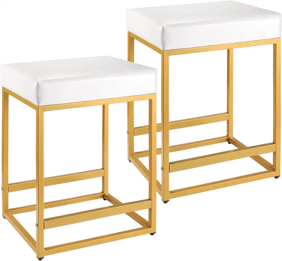 Counter Height Bar Stools Set of 2, 24 inch Counter Stools with PU Leather, Square Barstools Backless, Modern Island Chair, White Bar Stools for Kitchen Counter Restaurant Support 350 LBS