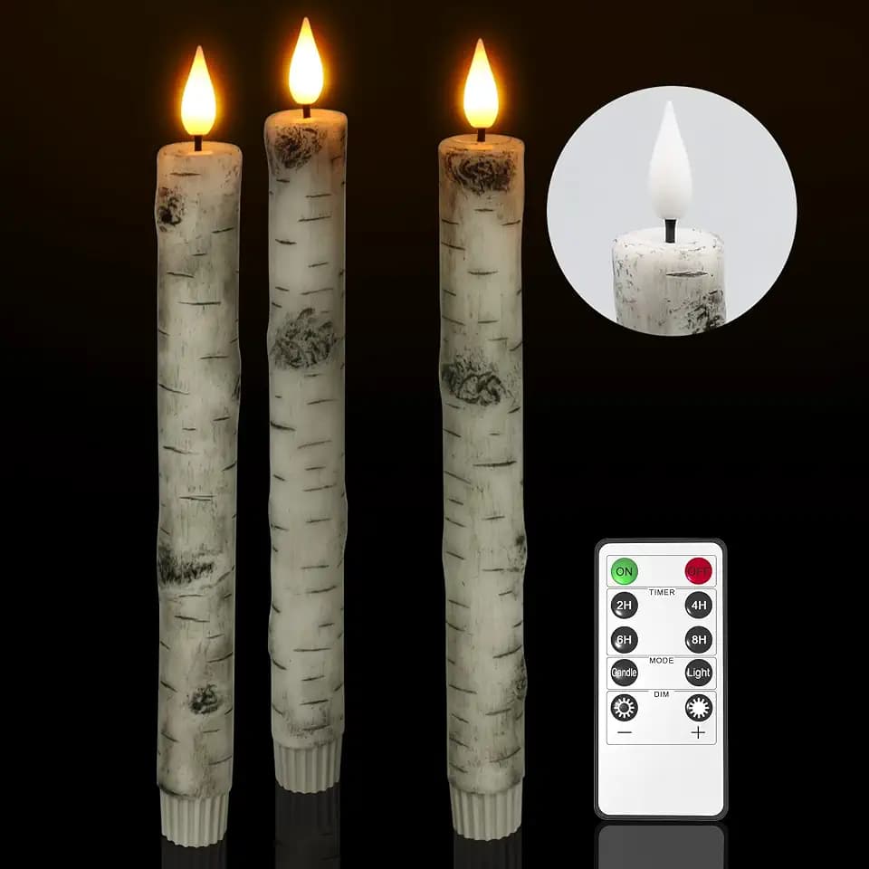 PChero Flameless Taper Candles with Remote Timer, Birch Bark, Pack of 3