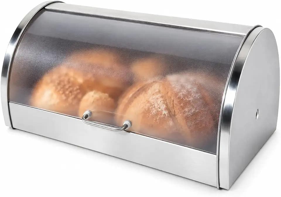 Oggi Stainless Steel Roll Top Bread Box for Kitchen Countertop with Frosted Plexilass Lid - Fits Multiple Loaves of Bread and Other Freshly Baked Goods Including Cookies, Bagels, Muffins