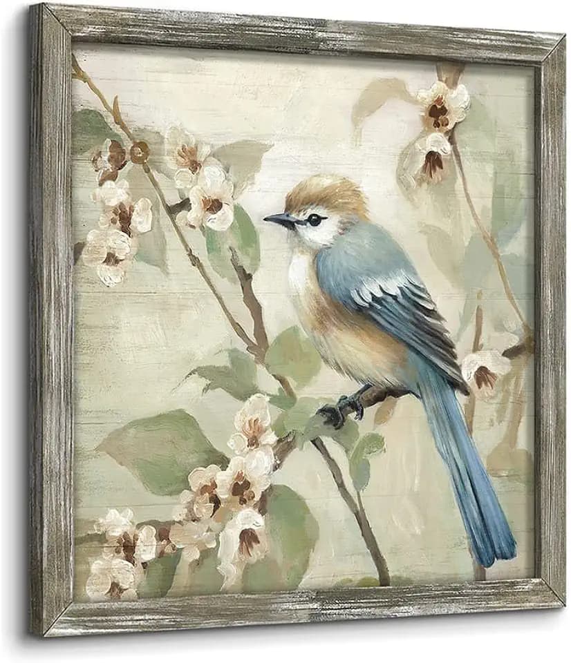 old barn Blue Bird Wooden Framed Wall Art Flower Painting 12x12 inch