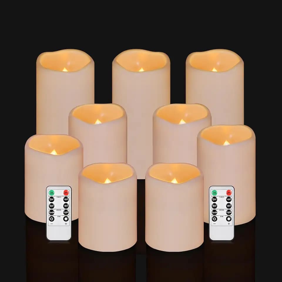 Flameless Candles 4" 5" 6" Outdoor Indoor Pillars Battery Operated Flickering Candles Include 10-Key Remote Timer 400+ Hours by 2 AA Batteries (Ivory Candle - Warm light, 3"D x 4"|5"|6" H - 9 Pack)