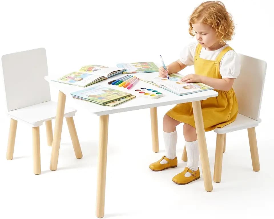 Kids Table and 2 Chairs, Toddler Wooden Stable Table and Chair Set, 23.62" L x 23.62" W Desk for Classroom/Playroom/Daycare/Home (Aged 3-8), CPC & CPSIA Certificated (White)