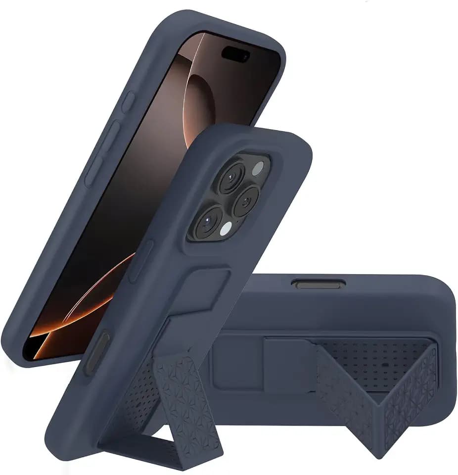 LAUDTEC Silicone Kickstand Case Compatible with iPhone 16 Pro Max, Vertical and Horizontal Stand Hand Strap Metal Kickstand Cover, Flexible Soft Liquid Silicone Stand Case for iPhone 16 Pro Max (Blue)