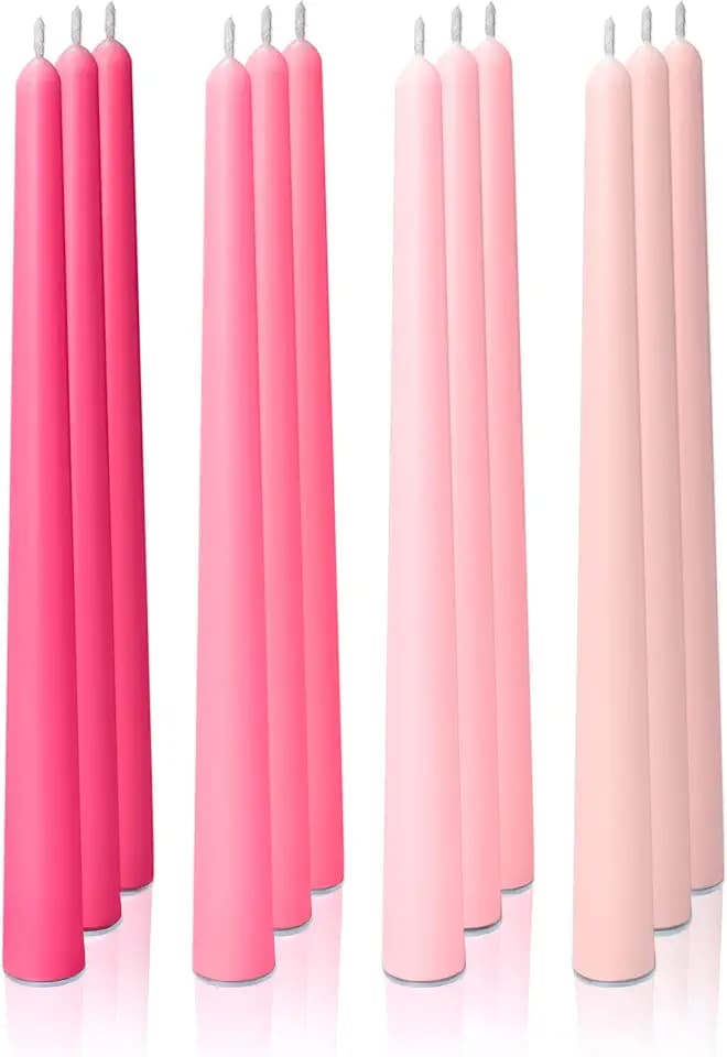 12pk 10" Classic Taper Candles, Pink Shades, 7-8 Hours Long Burning, Unscented Tall Candlesticks