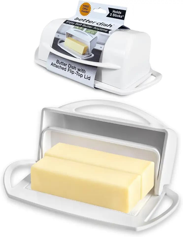 Better Dish Flip Top Butter Dish with Attached Lid - Holds 2 Sticks, Fits Kerrygold/European Butter - BPA Free & Dishwasher Safe - White