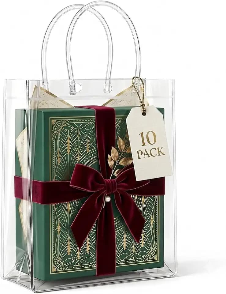 RJTLPNK 10-Pack Transparent PVC Gift Bags with Handles – Durable & Odorless Clear Plastic Bags for Wedding Favors, Birthday Parties & Corporate Events (7.5”L x 3.5”W x 10.6”H)