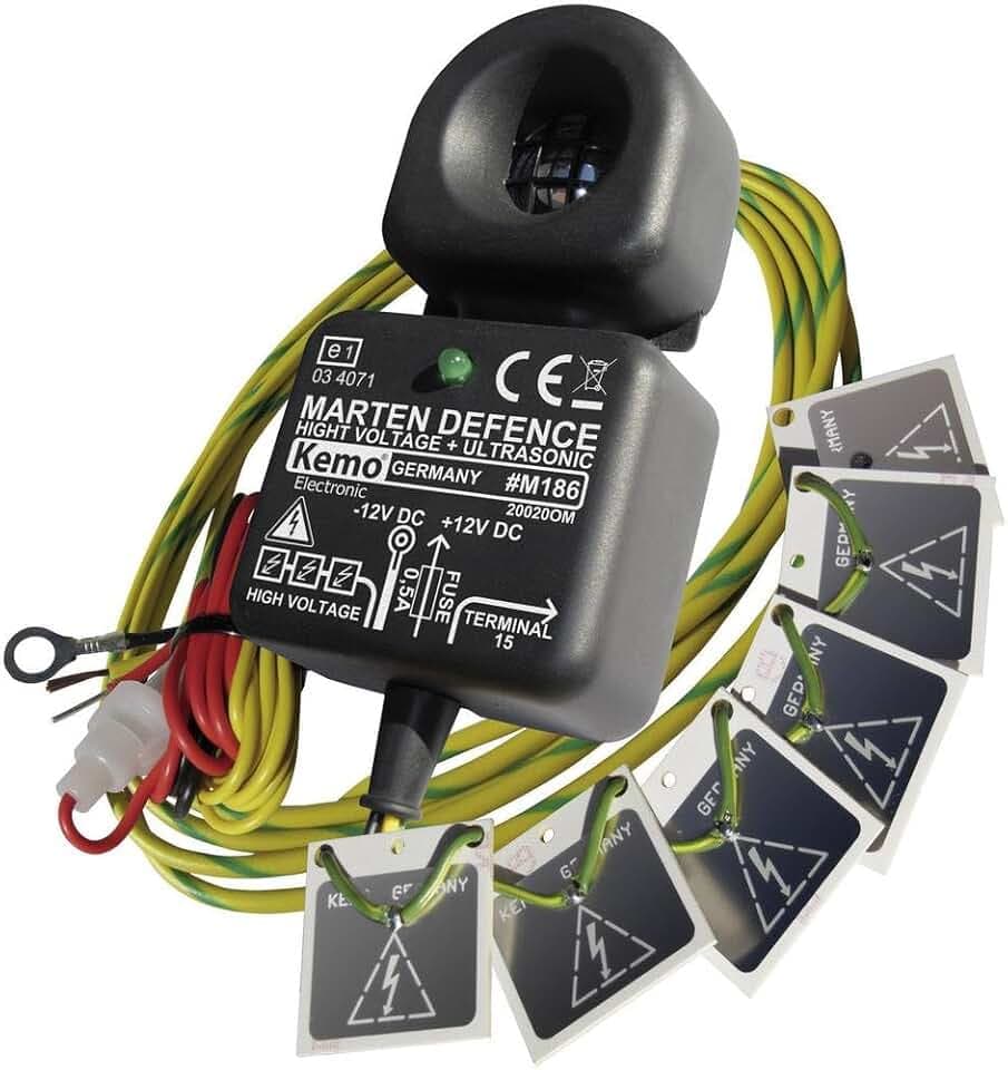 Kemo M186 Marder-Abwehr für Kraftfahrzeuge 12 V/DC. Vertreibt Marder durch elektrisch aufgeladene 200 - 300 V/DC Hochspannungsplättchen und starke, aggressiv pulsierende Ultraschalltöne, Schwarz