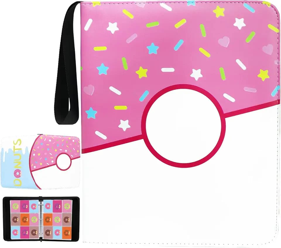 9 Pocket Card Binder 900 Card Holder Album, Pink Donut Trading Cards Holder Zipper Binder for Girl Teen Collection (Pink Donut, 900 Pocket)