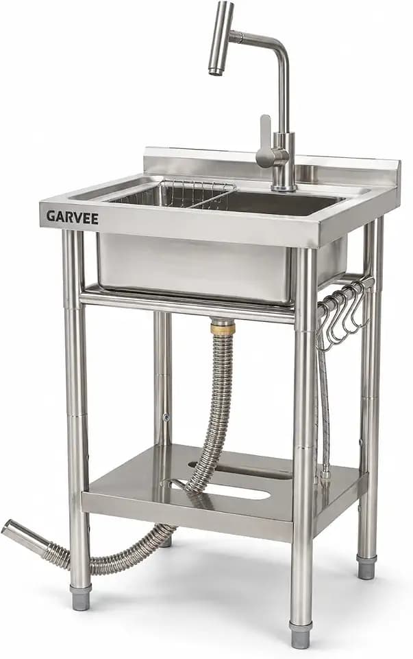 Freestanding Utility Sink 20" x 20" x 35", Stainless Steel Single Bowl Freestanding with T-Shaped Faucet, No Drawer, Compact Apartments, Laundry Corners, Balcony, Easy Clean Surface