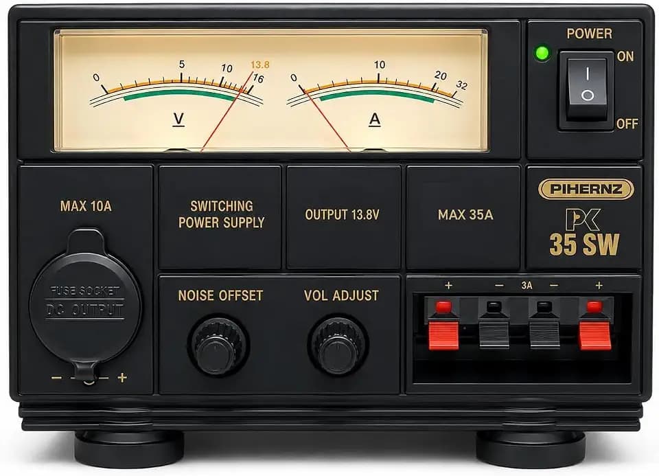 PC-35 SW Schaltnetzteil 35A max., Regelbar 8-15V DC mit Analog-Anzeigen, Rauschunterdrückung und automatischer Kühlung, Ideal für Funkgeräte und Labor, 13,8V Festspannungsschalter