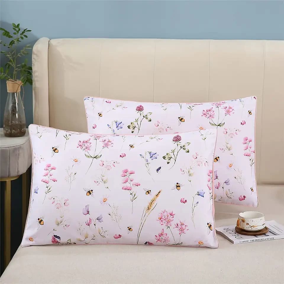 WINLIFE 100% Cotton Pillowcases Standard Size Set of 2, Pink Floral & Bee