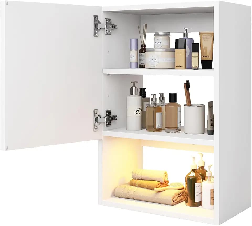 Wall Mounted Storage Cabinet with LED Light, Bathroom Over Toilet Organizer