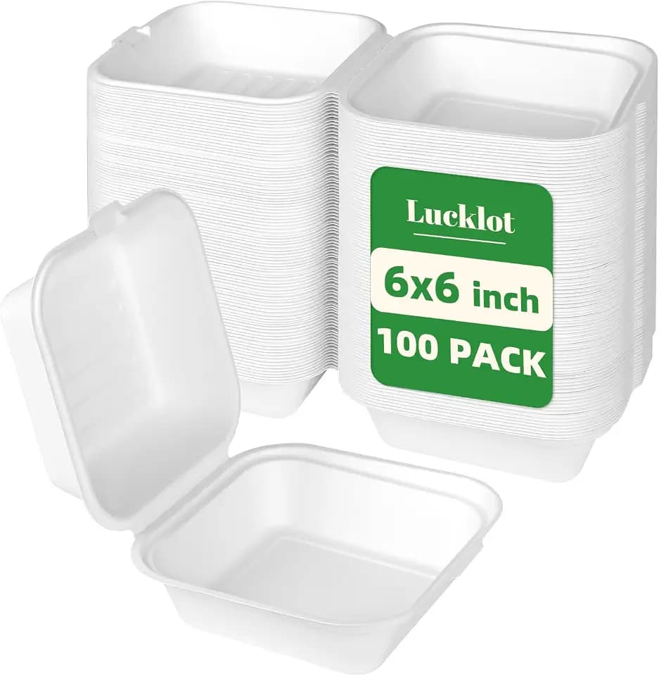 Lucklot 100 Pack 6×6 Inch White Compostable Bagasse Takeout Food Containers