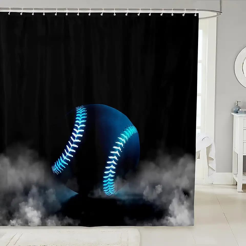 Baseball Shower Curtain,Neon Blue Glowing Baseball Bathroom Curtain,Ball Sports Games Waterproof Curtain for Kids Boys Teens Room Decor,Fashion Modern Foggy Black Bath Curtain,12 Hooks,72"Wx72"L