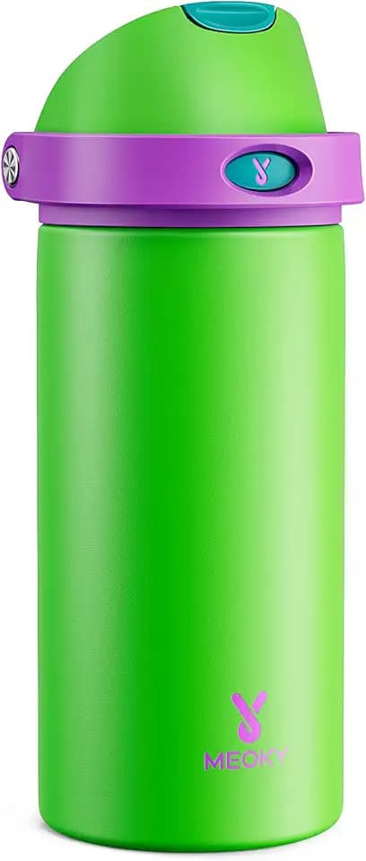 18 oz Kids Water Bottle for School: Meoky 18 oz Stainless Steel Insulated Water Bottle with 2-in-1 Straw and Spout Lid - Leak Proof, Cold for 24 Hours, BPA-Free for Teens Boys Girls, Power Green