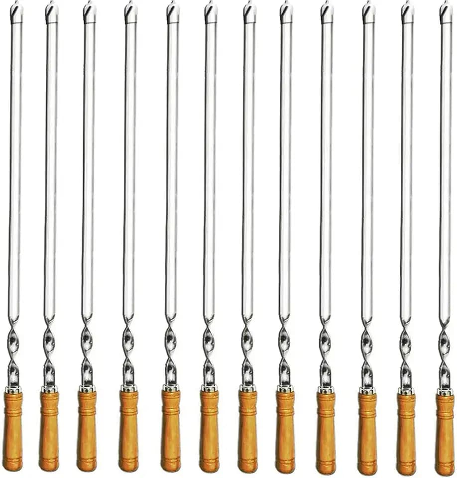 12 Pack Kabob Skewers BBQ Barbecue Skewers Stainless Steel Sticks 23.5 Inch Heavy Duty Large Wide Reusable with Nonslip Wooden Handle Ideal for Shish Kebab Chicken Shrimp and Vegetables
