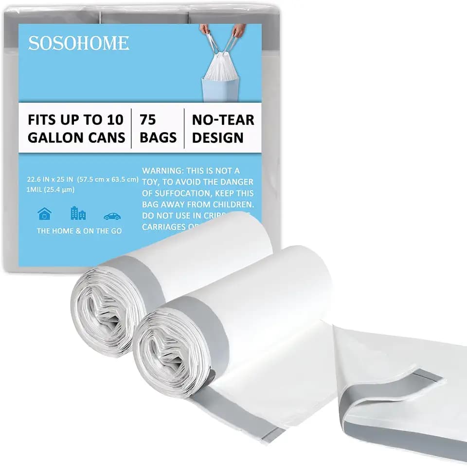 10 Gallon Trash Bags Drawstring, 1 Mil Thick White 75 Count