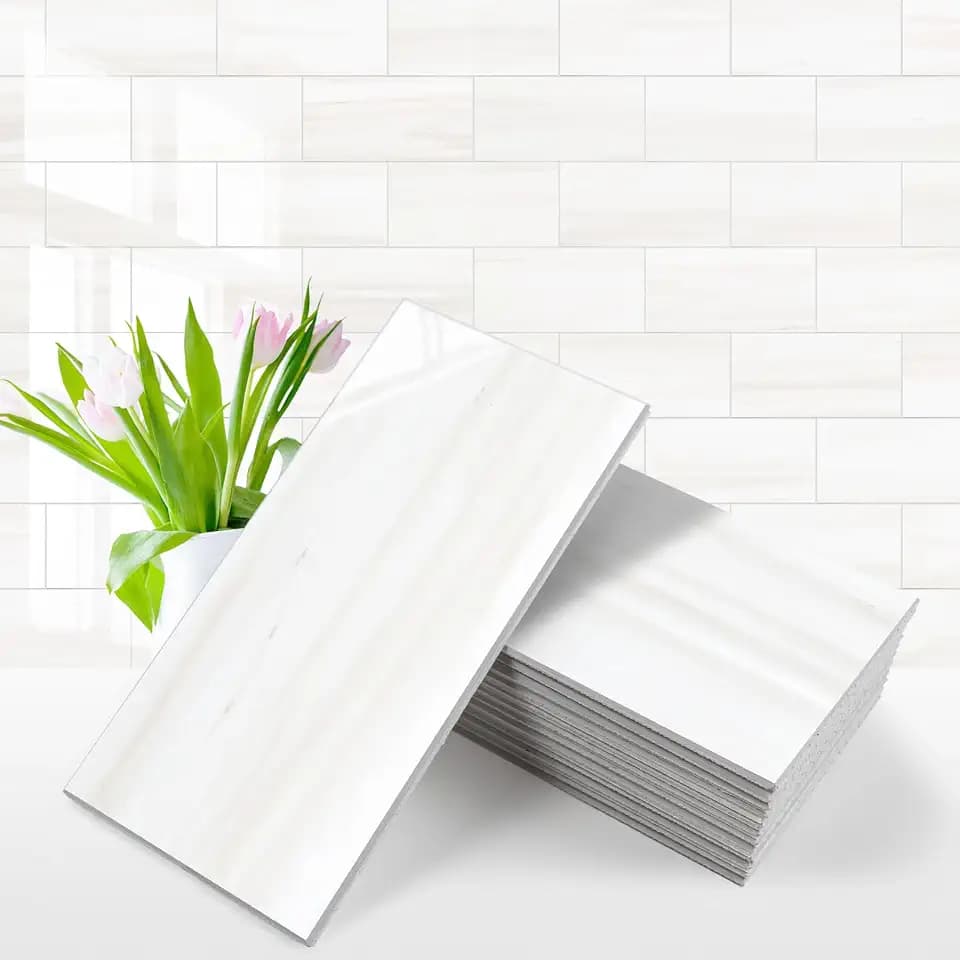 Vamos Tile 100-Piece Glossy Dolomite White Peel and Stick Backsplash Tile,3''x6'' PVC Subway Tile with White Grout, Stick on Backsplash for Kitchen/Bathroom/Fireplace
