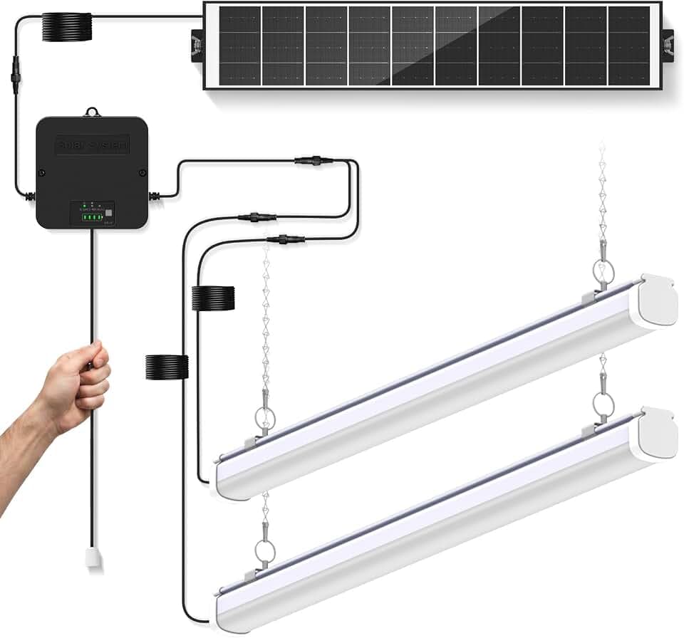 Solar Shed Shop Light with Pull Cord, 1500LM, Warm White Dual LED Bars