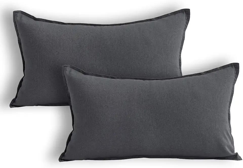Jeanerlor Natural Cotton Linen Decorative Lumbar Throw Pillow Case Dark Grey Cushion Cover with Twin Needles Stitch on Edge,for Office/Coffee Shop 12"x20" 2 pack