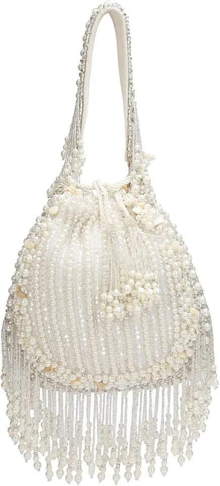 LONGING TO BUY Pearl Beaded Potli Bag, White, Drawstring Closure, Fringe Detail, 9 x 8.5 x 2 Inch, Bridal Handbag