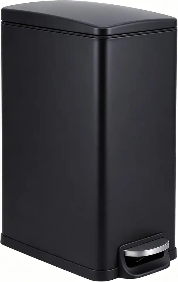 Slim Trash Can, 2.6 Gallon, Soft-Close Step Lid, Black