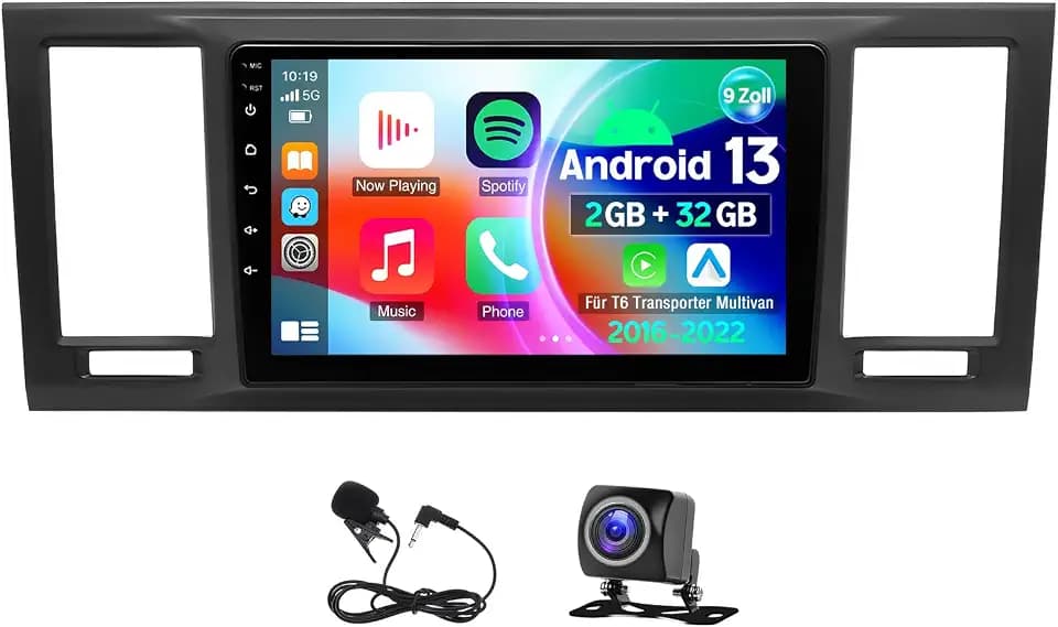 Android Autoradio 2 Din für VW T6 Transporter Multivan 2016-2022 mit Carplay Android Auto 9 Zoll Touchscreen Bluetooth EQ Mirror Link WiFi Navigation FM/RDS DSP HiFi Rückfahrkamera+ Mic, 2+32G