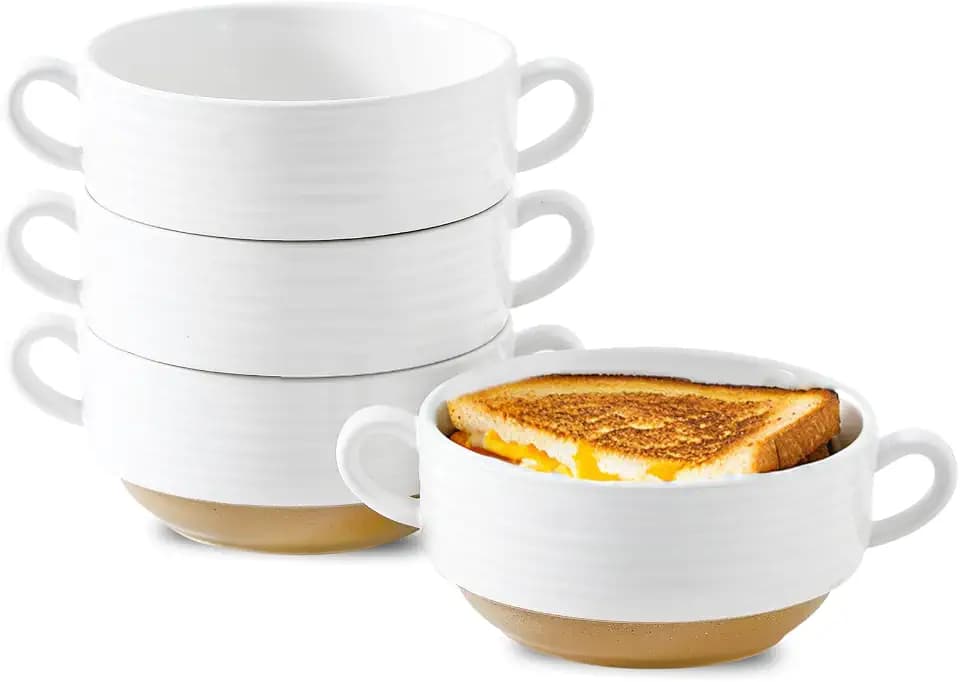 HASENSE Ceramic Soup Bowls with Handles, 20 Oz French Onion Soup Crocks Set of 4, Stackable White Serving Bowls for Stew, Chili & Cereal, Oven Microwave Dishwasher Safe, Christmas Kitchen Gift