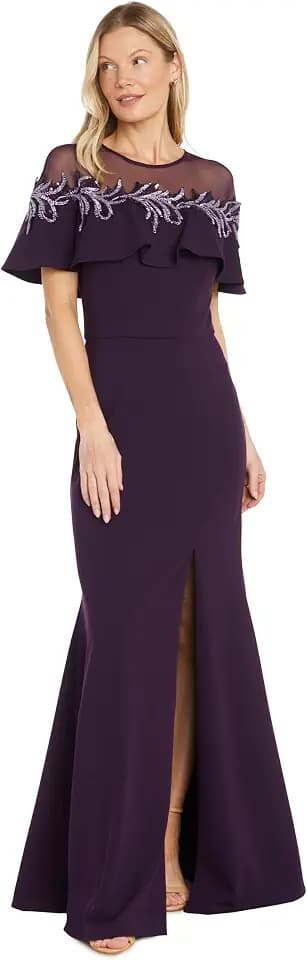 R&M Richards Women's Long Stretch Dress W/Illusion Neckline Beaded Applique & Front Slit - Evening Cocktail Party