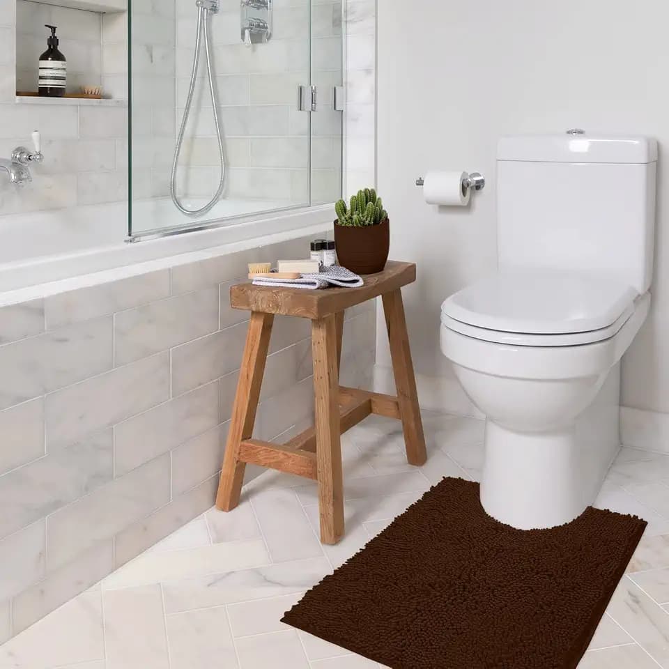LuxUrux Brown Bath Mat - U-Shaped Contoured Rug for Around Toilet, Super Absorbent Shaggy Bath Rug. Easy Machine Wash & Dry (20" x 23", Brown)
