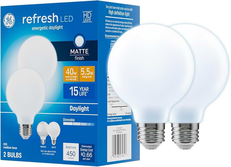 GE Refresh HD G25 LED Globe Vanity Light Bulbs, Daylight, 40W, 2pk