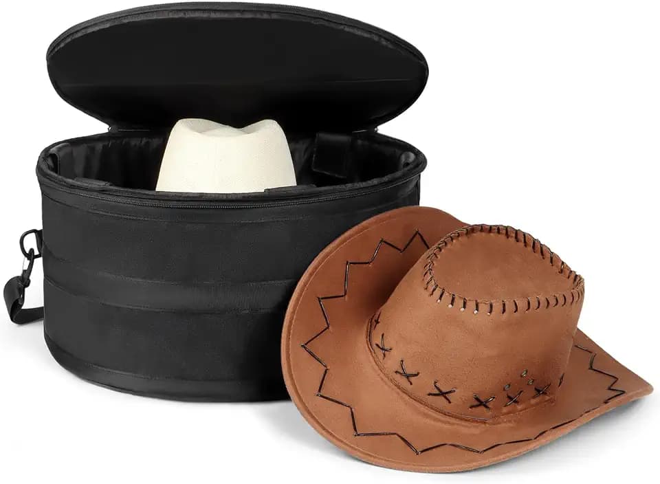WOMACO Hat Box for Travel, Structured Collapsible Hat Storage Case for Cowboy Hat, Collapsible Hat Organizer Bag with Handle and Shoulder Strap (Black, Large)
