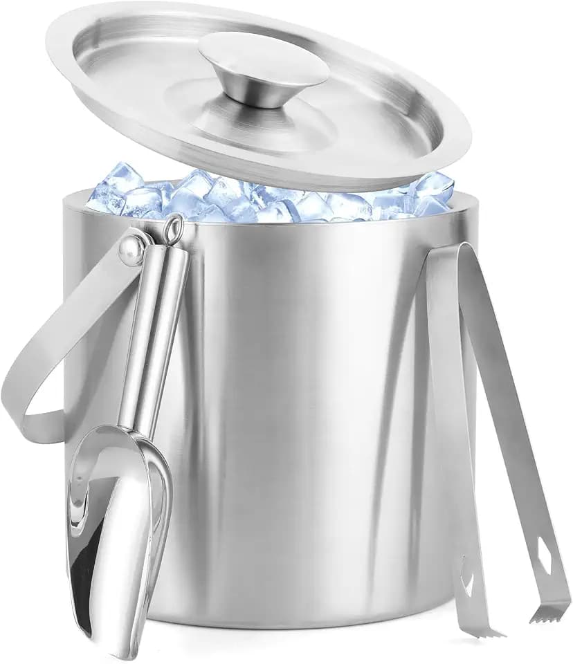 3L Stainless Steel Ice Bucket – Double-Wall Insulated Cooler Keeps Ice Frozen Longer for Wine, Champagne & Beer,Includes Lid, Handle, Tong & Scoop