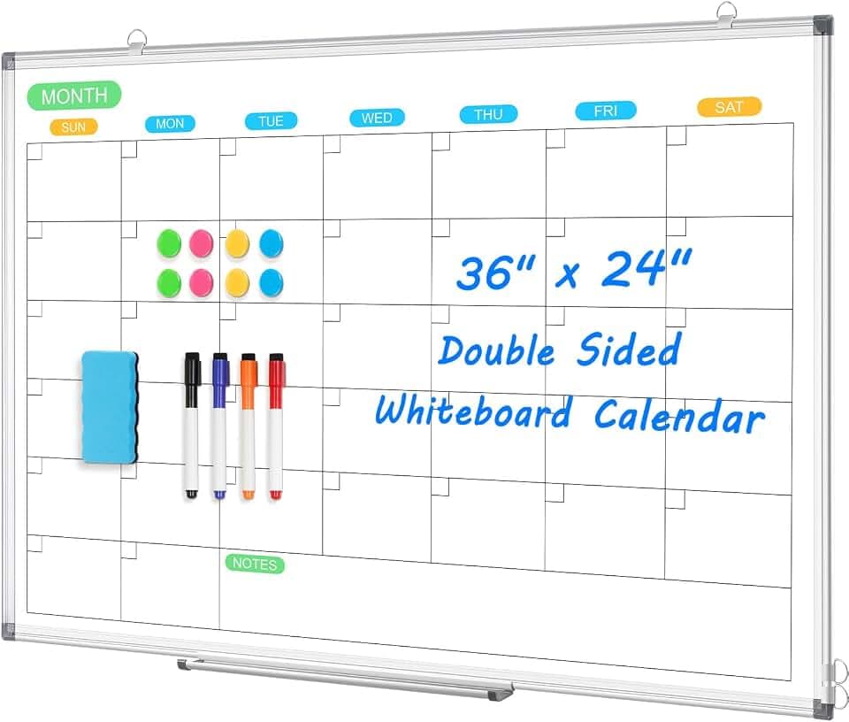Monthly Calendar Whiteboard 36x24 Dry Erase Magnetic Double-Sided Wall