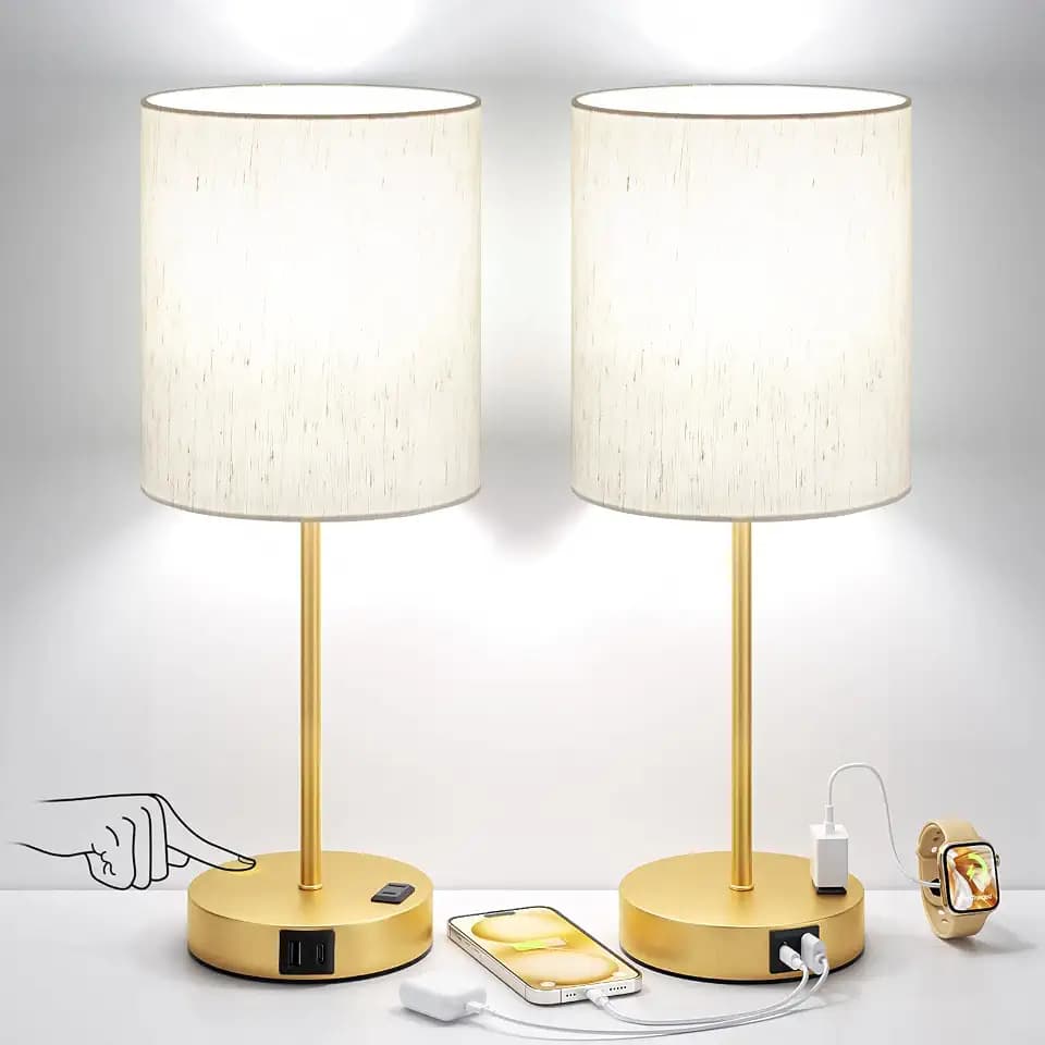 17.6" Gold Touch Lamps for Bedroom Set of 2 - Dimmable, USB C+A, AC Outlet
