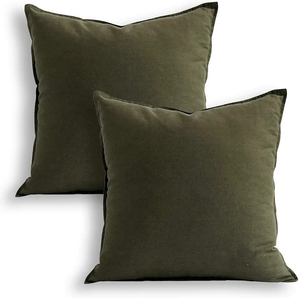 Jeanerlor 18"x18" Solid Cotton Linen Decoration Green Throw Pillow Case with Zipper Cushion Case Pillow Cover Decorative Pillowcase for Chair/Bed/Couch, (45 x 45cm),2 Packs, Olive Green