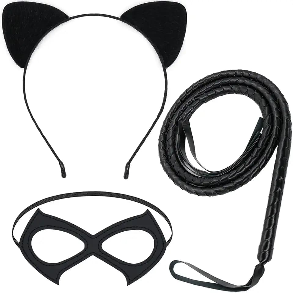 Cat Costume for Woman Mask and Ear Headband Black Whip Set