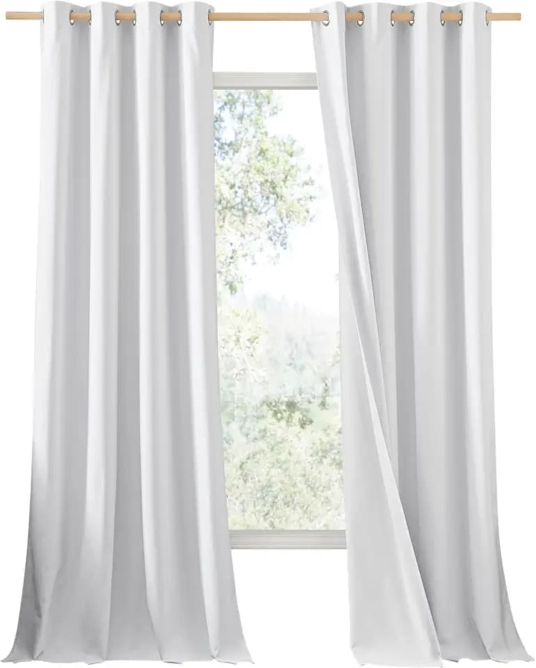 NICETOWN 100% Absolutely Blackout Linen Curtains with Thermal Insulated White Liner, White, 52 inches Wide, 90 inches Length Energy Saving Curtains for Living Room 2 Panels Set, Vertical Blinds