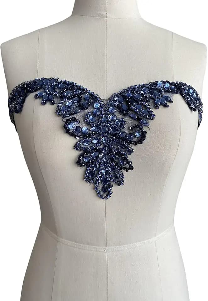 BDACY. HCMY Handmade Rhinestones Beads Applique sew on Crystal Sequins lace Trim Patches Accessories for Dress Clothing Neckline Shiny Bead Decorative Material 17X6in (Deepblue)