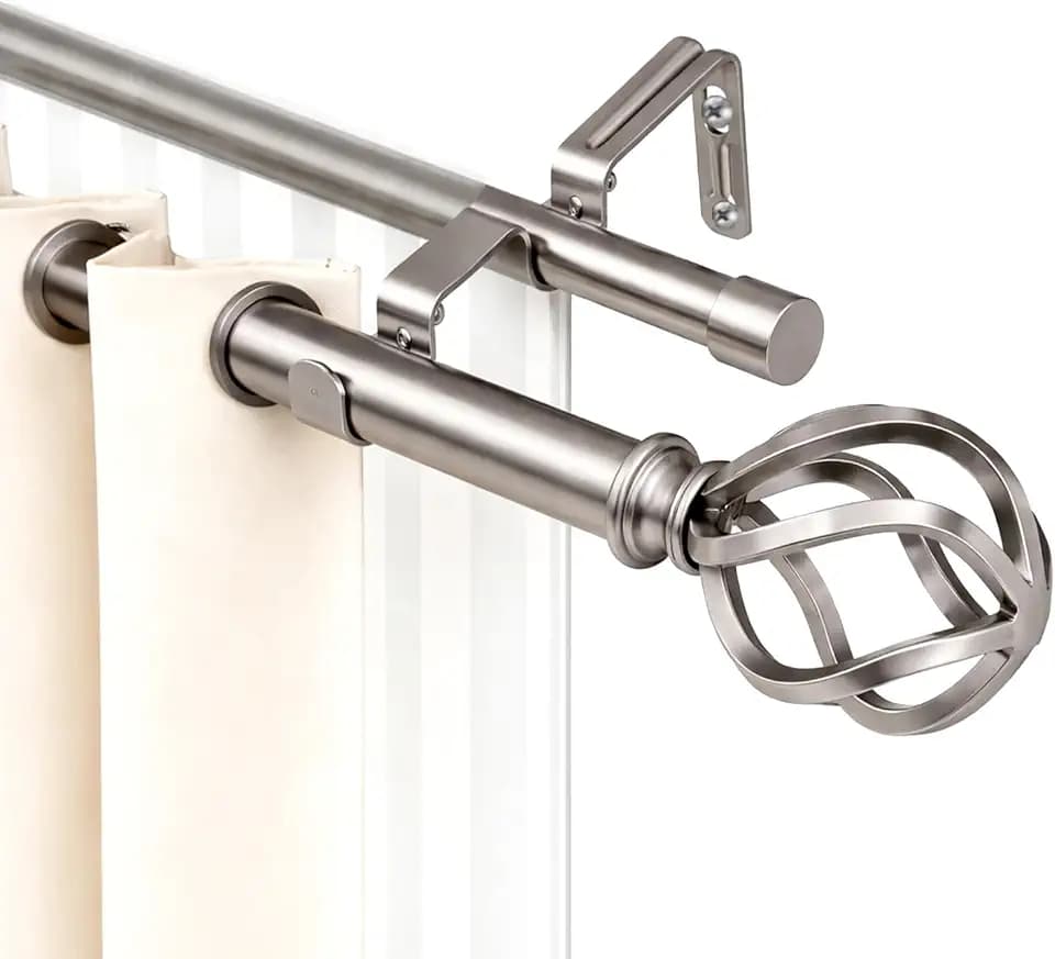 Satin Nickel Double Curtain Rods, Heavy Duty Decorative Drapery Rod 72-144 Inches, Telescoping Drapery Rod with Twisted Cage Finials