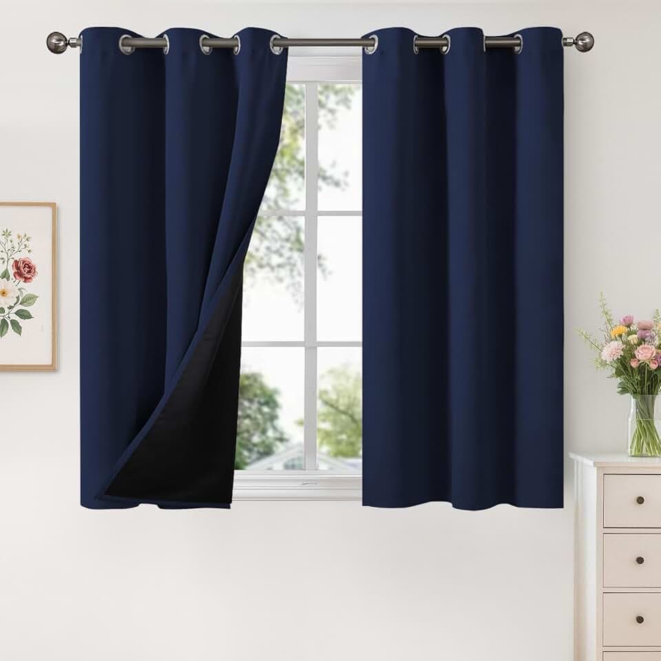 YoungsTex Navy Blue 100% Blackout Curtains for Bedroom 45 Inches Long, Short Room Darkening Window Drapes with Grommet Thermal Insulated for Living Room, 2 Panels, 42 X 45 Inch