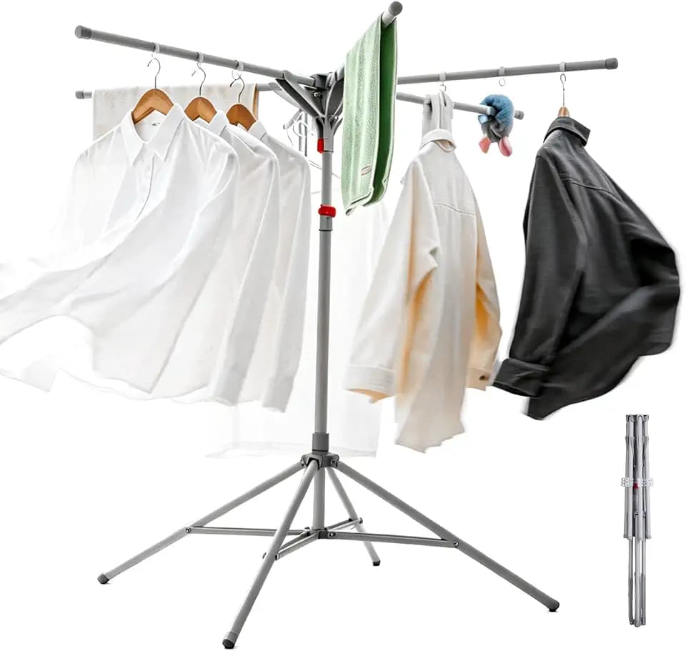 Adjustable Collapsible Umbrella Style Clothes Drying Rack, 4Legs6Telescopic Arms, Space-Saving Freestanding Laundry Airer with Windproof Clips, Easy Setup Indoor Outdoor (Gray-Carbon Steel)